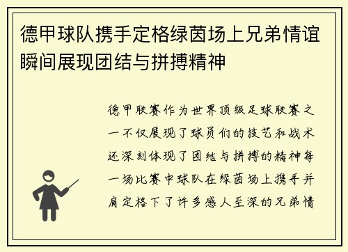 德甲球队携手定格绿茵场上兄弟情谊瞬间展现团结与拼搏精神